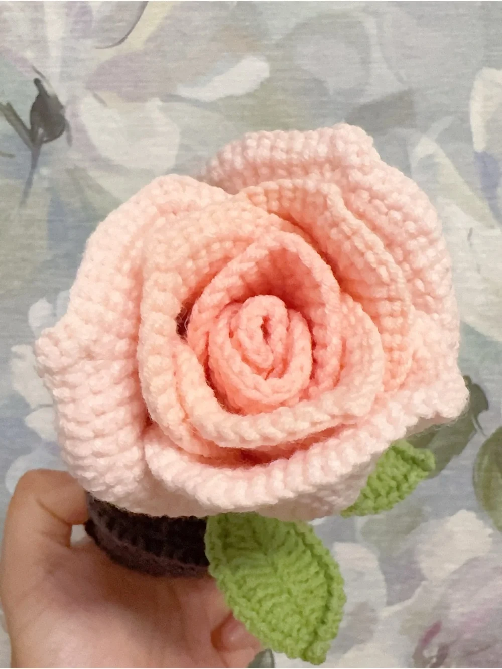 Handmade Pink Crochet Rose in Gray Pot - Home Accents